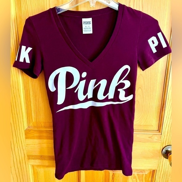 PINK Victoria's Secret Tops - PINK Victoria’s Secret XS Burgundy T-shirt. Short Sleeves Feminine Advertising